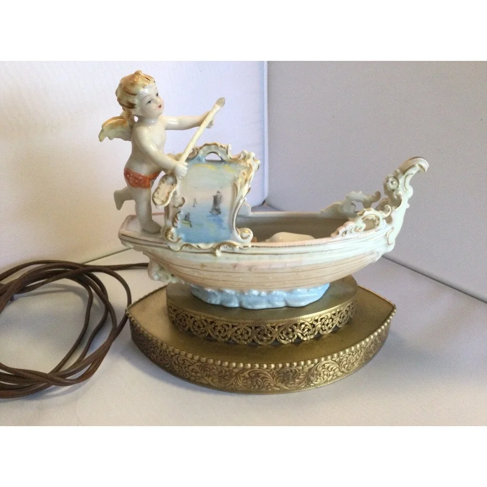 Vintage Porcelain Cherub Boat Vanity Night Light Brass Base Works